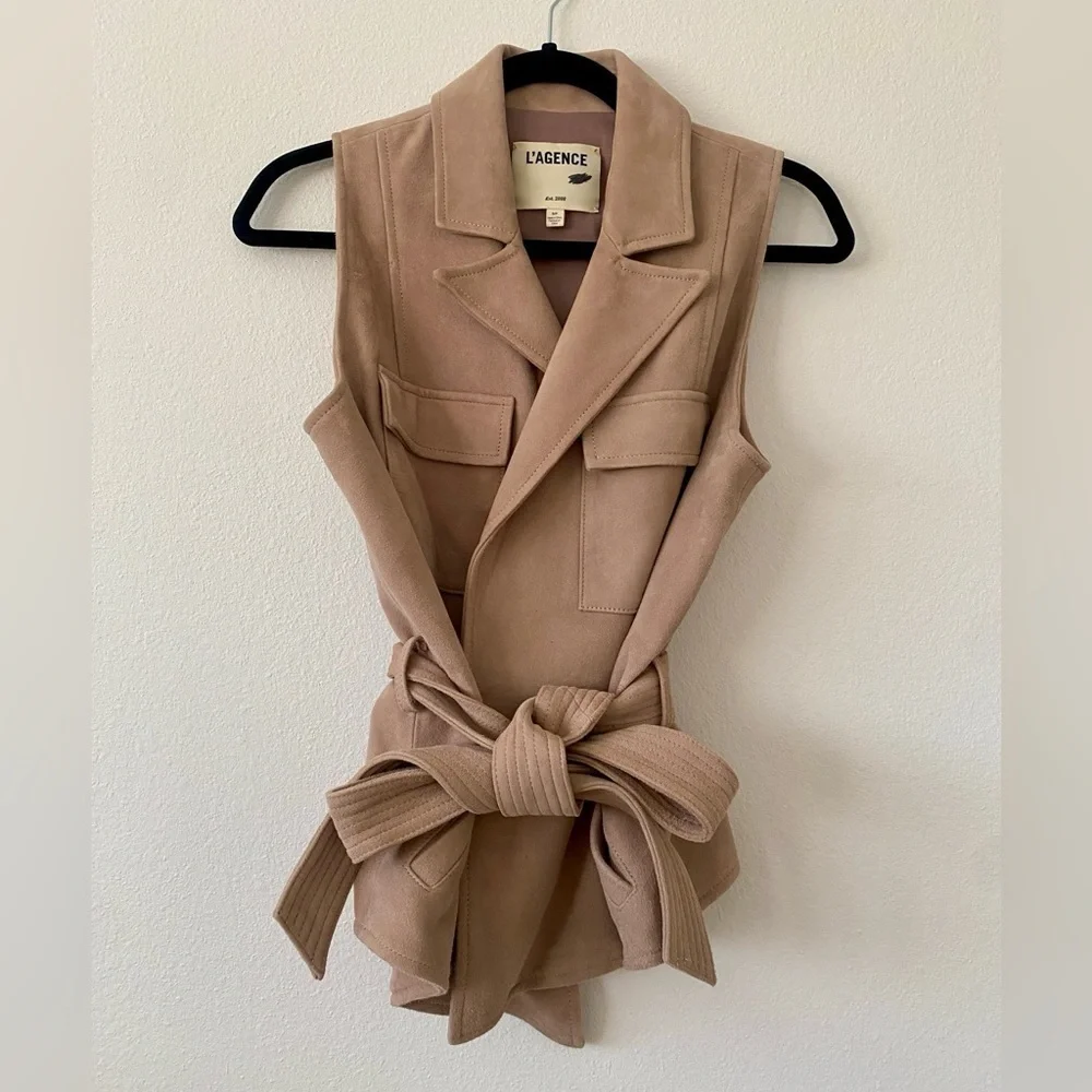 L’AGENCE Arbor Suede Goatskin Wrap Vest in Cashew - Picture 3 of 14